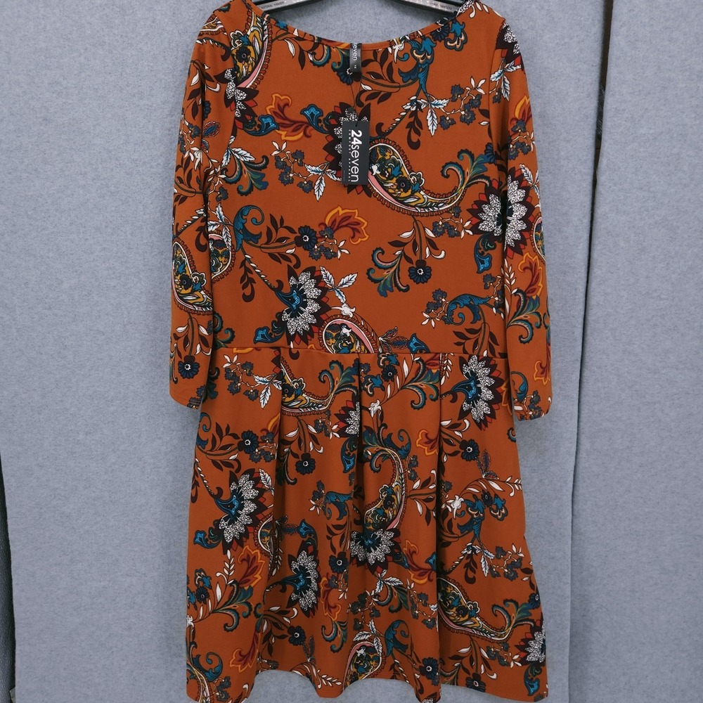 24Seven Paisley Print Fit & Flare Knee 3/4 Sleeve Rust Dress Womens Size 1X NWT